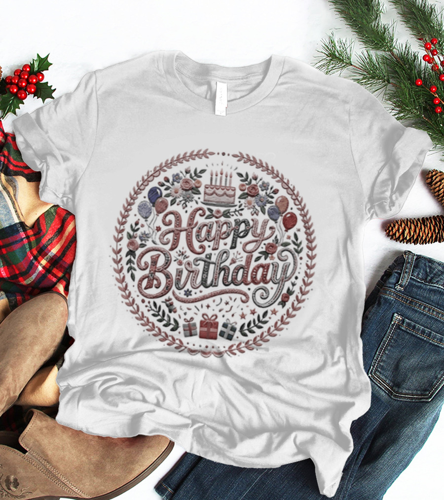 Happy Birthday Cake Balloons Wreath Celebration T-Shirt