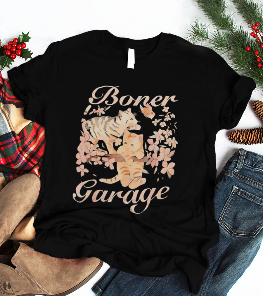 Boner Garage Cats Cherry Blossoms And Butterfly T-Shirt