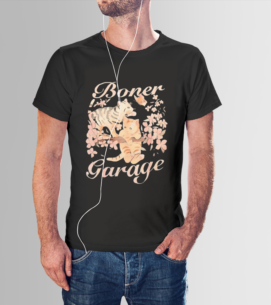 Boner Garage Cats Cherry Blossoms And Butterfly T-Shirt