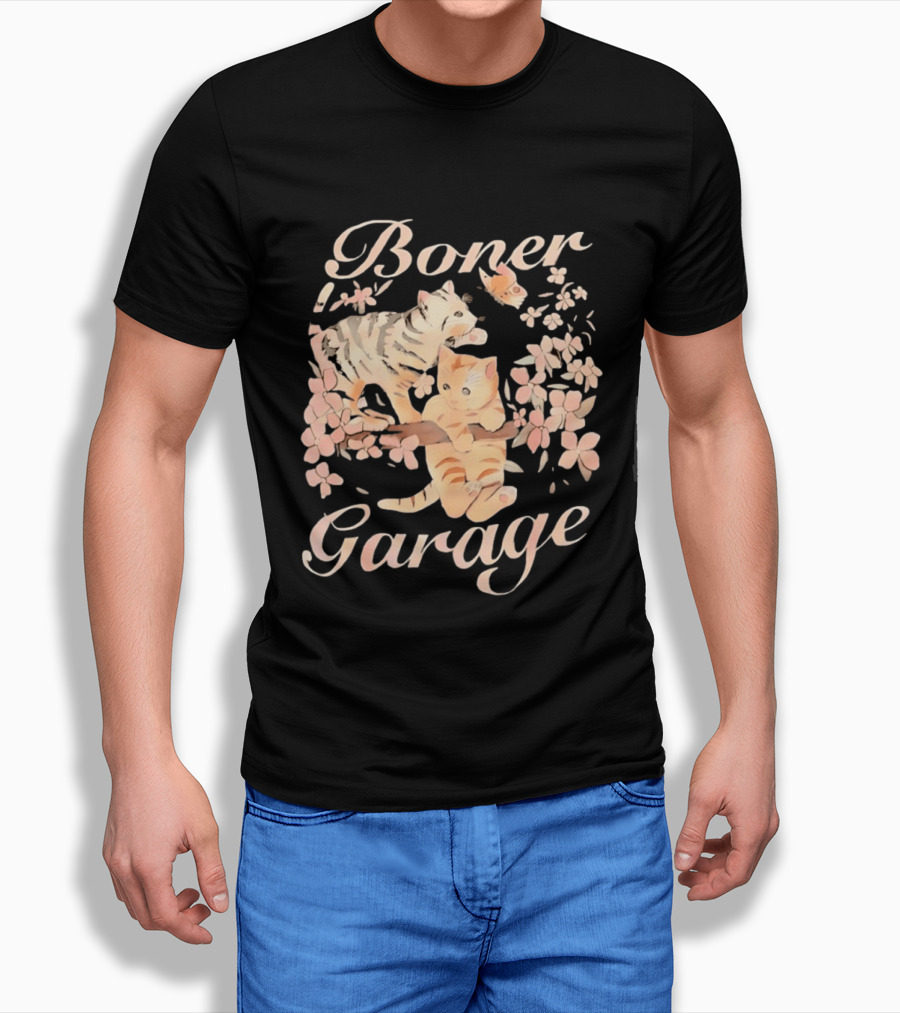 Boner Garage Cats Cherry Blossoms And Butterfly T-Shirt