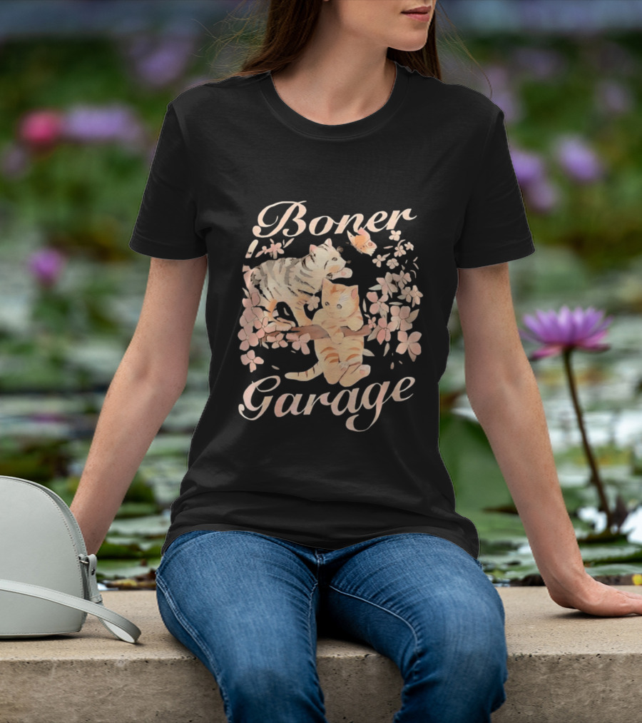 Boner Garage Cats Cherry Blossoms And Butterfly T-Shirt