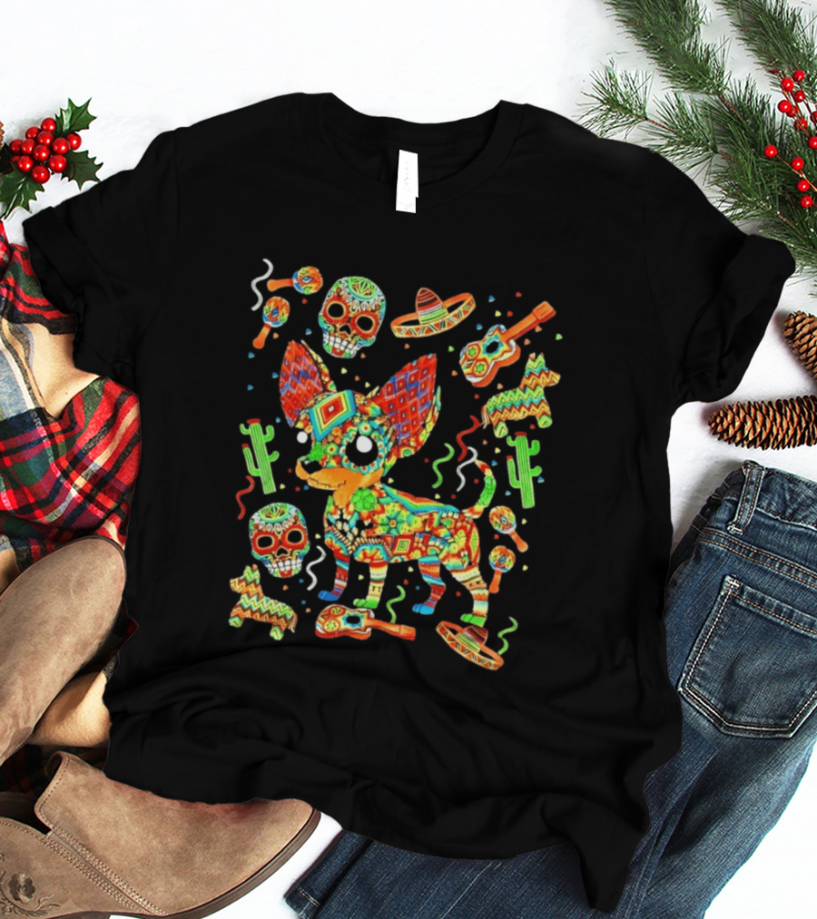 Fiesta Chihuahua Mexican Dia De Los Muertos Colorful Skull Sombrero Cactus Dog T-Shirt
