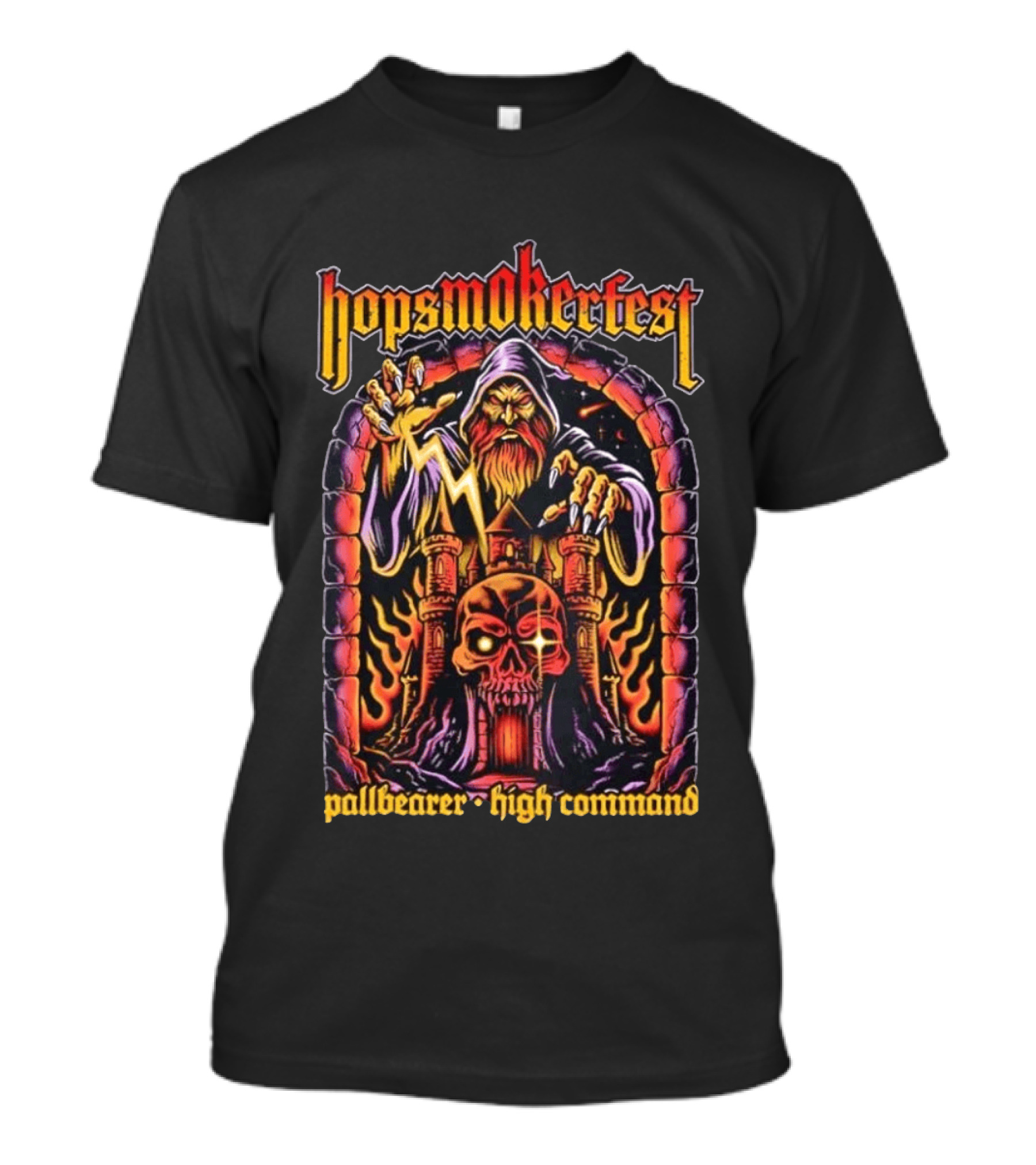 Hopsmokerfest Pallbearer High Command Wizard Lightning Bolt Skull Castle T-Shirt