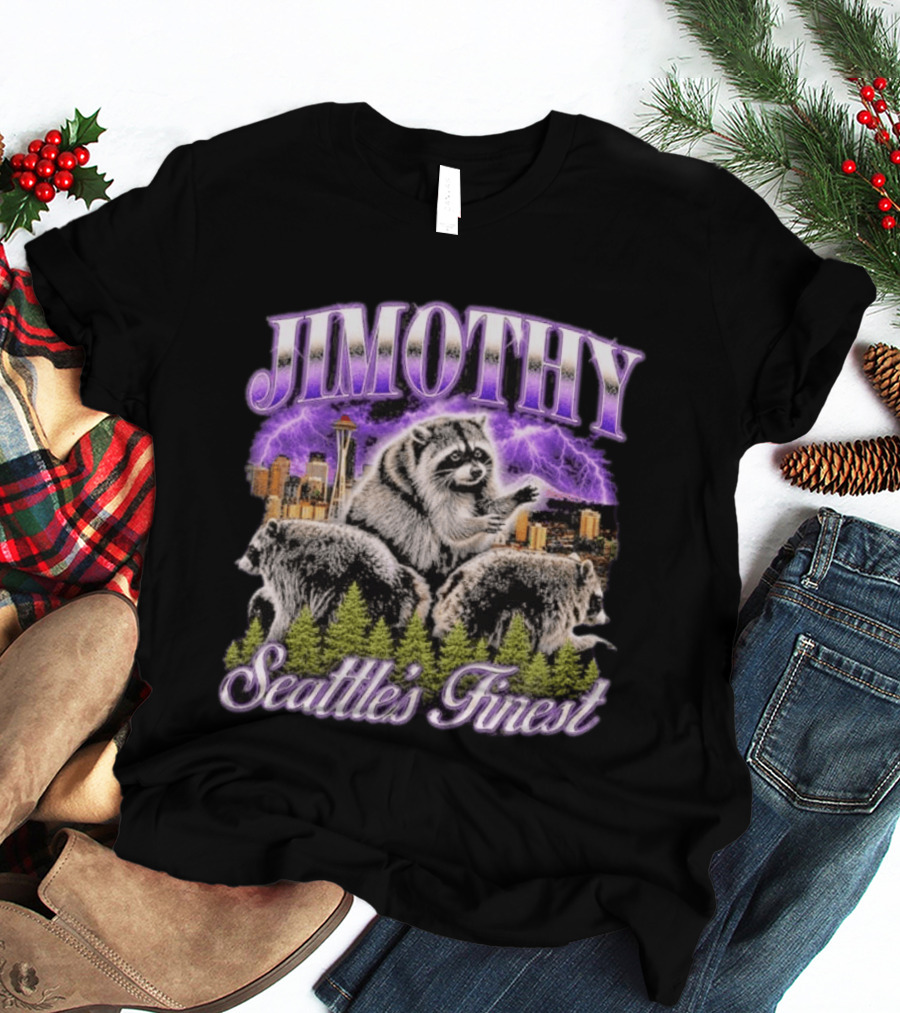 Jimothy Raccoon Seattle's Finest Purple Lightning Skyline And Forest T-Shirt
