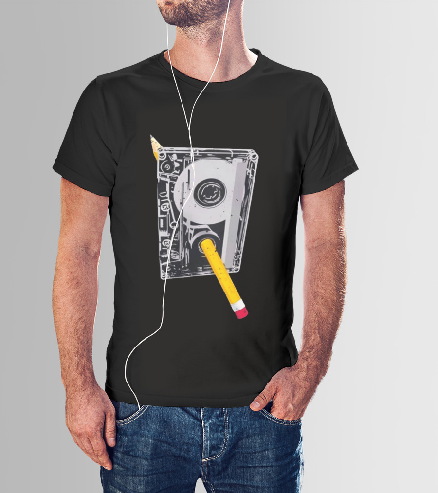 Rewind The Past Cassette Tape Pencil T-Shirt