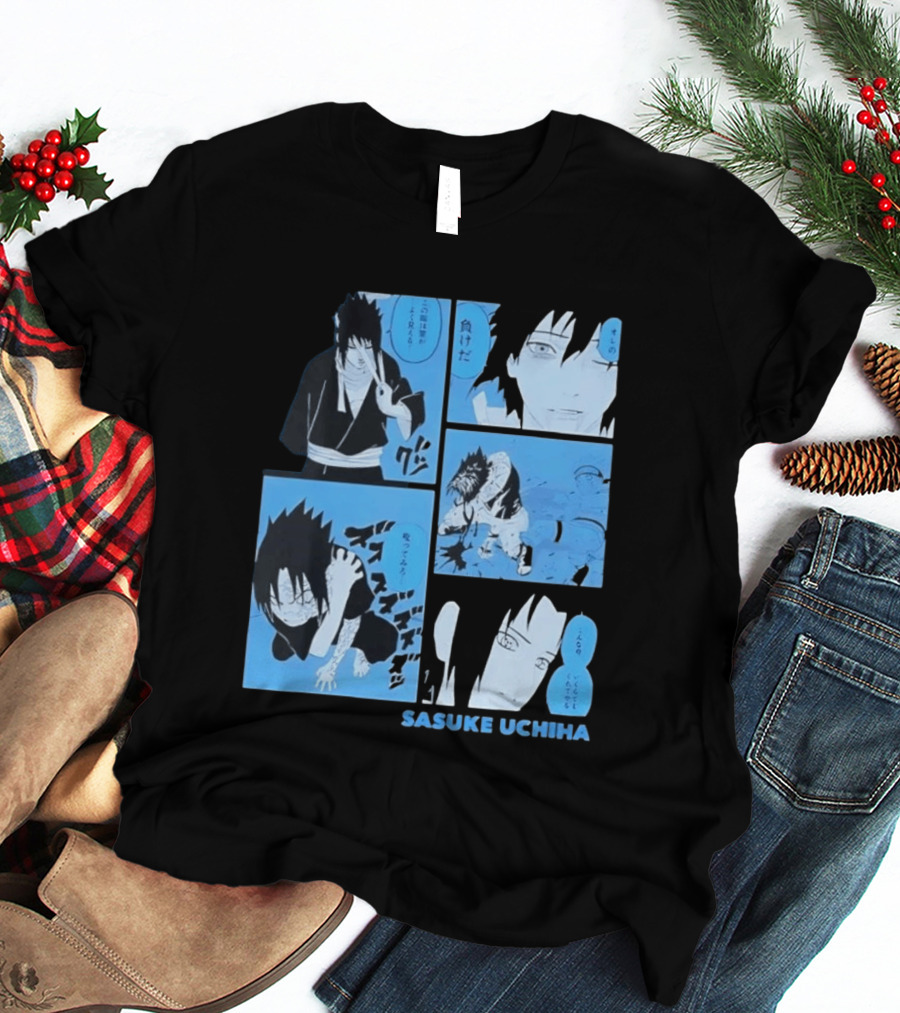 Sasuke Uchiha Cursed Seal Battle Manga Panels Blue Version T-Shirt
