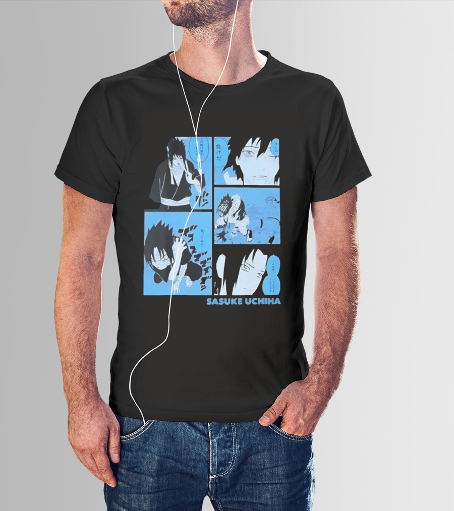 Sasuke Uchiha Cursed Seal Battle Manga Panels Blue Version T-Shirt