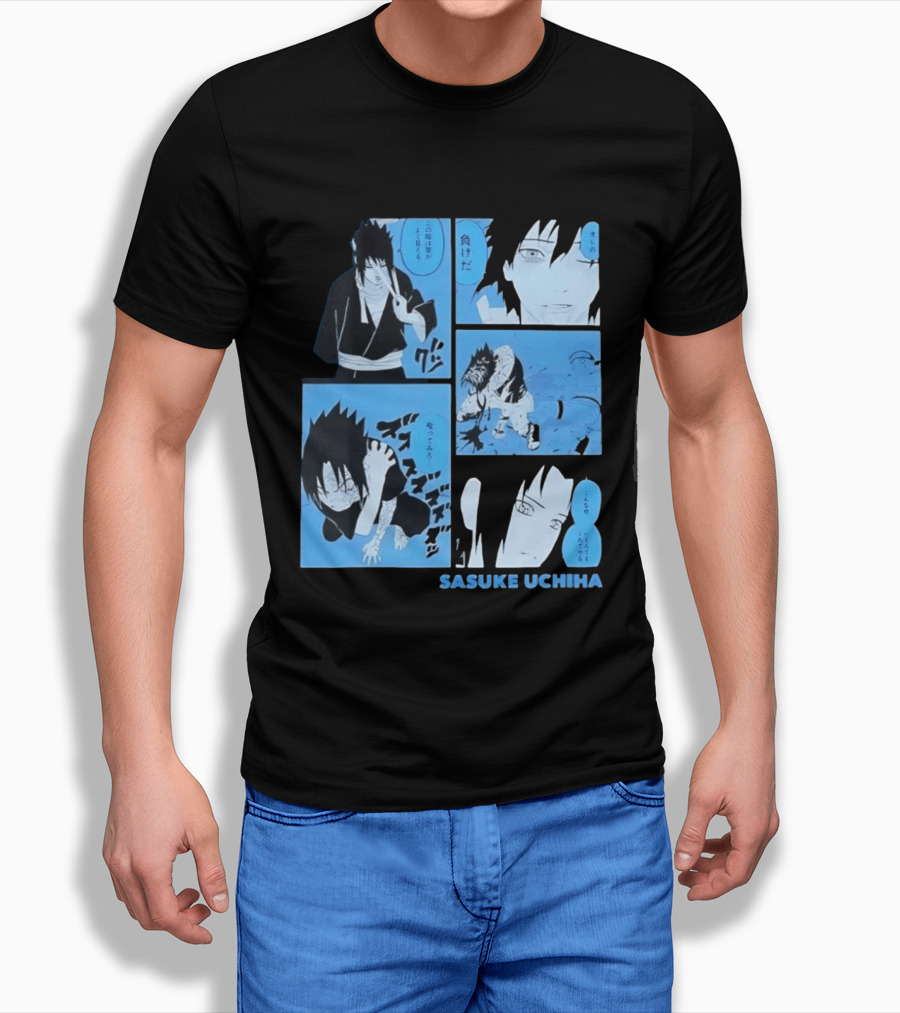 Sasuke Uchiha Cursed Seal Battle Manga Panels Blue Version T-Shirt