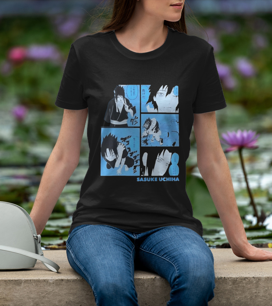 Sasuke Uchiha Cursed Seal Battle Manga Panels Blue Version T-Shirt