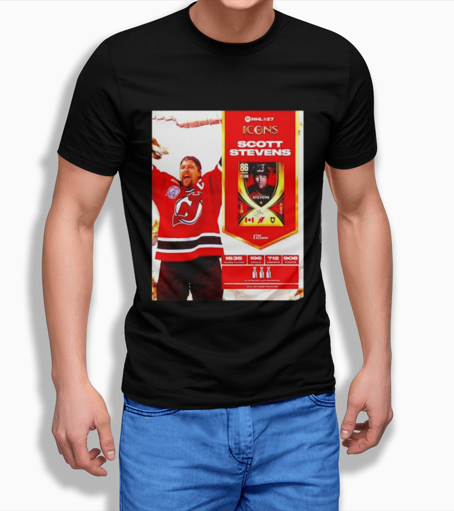 NHL 27 Icons Scott Stevens New Jersey Devils Hall Of Fame Legend T-Shirt
