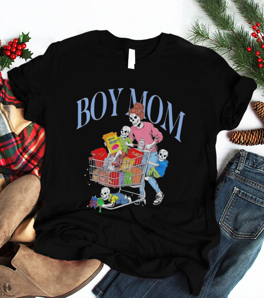 Boy Mom Skeleton With Kids Pushing Shopping Cart Eating Cereal T-Shirt