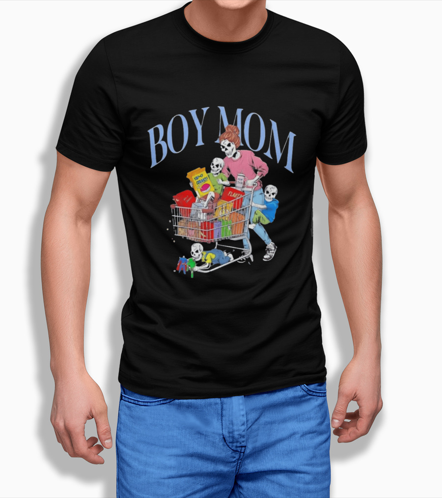 Boy Mom Skeleton With Kids Pushing Shopping Cart Eating Cereal T-Shirt