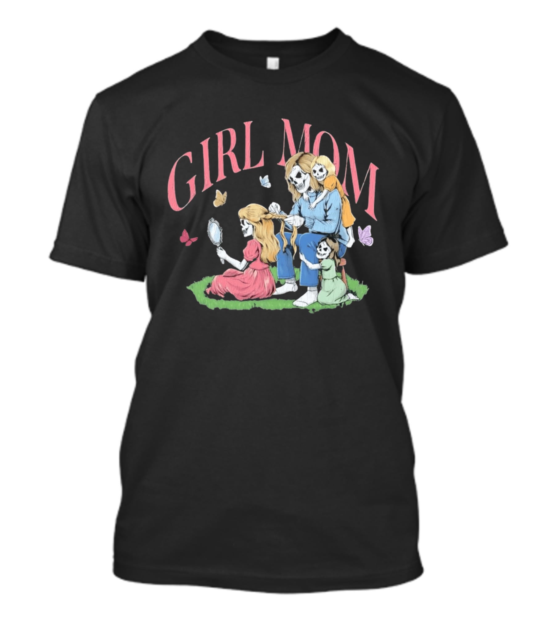 Girl Mom Skeleton Mother Braiding Hair With Daughters And Butterflies T-Shirt