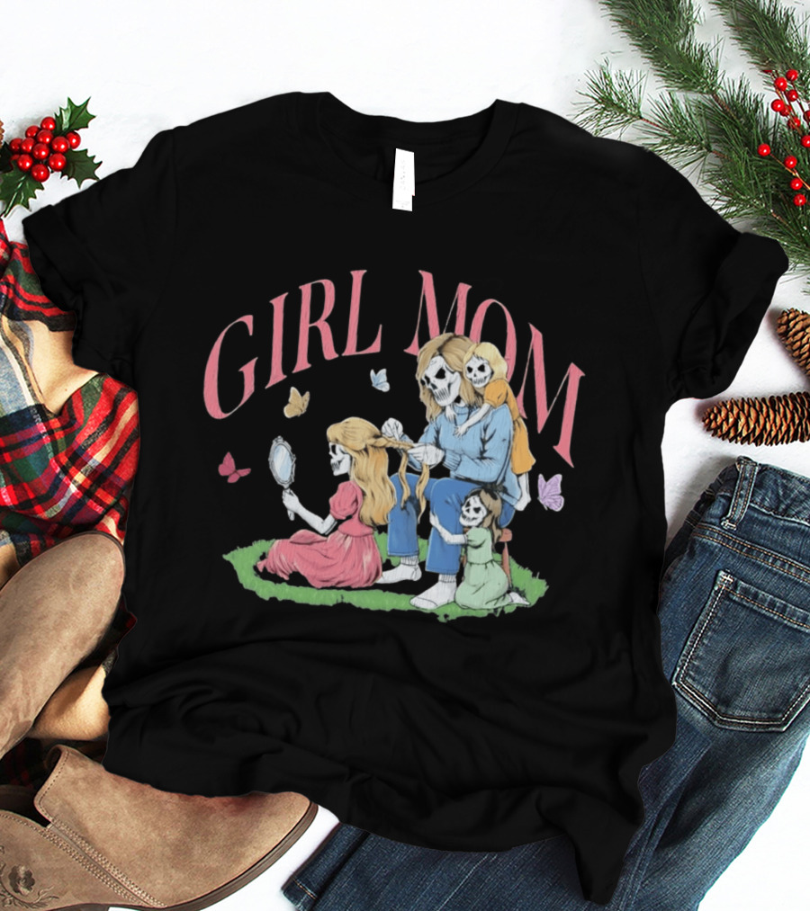 Girl Mom Skeleton Mother Braiding Hair With Daughters And Butterflies T-Shirt