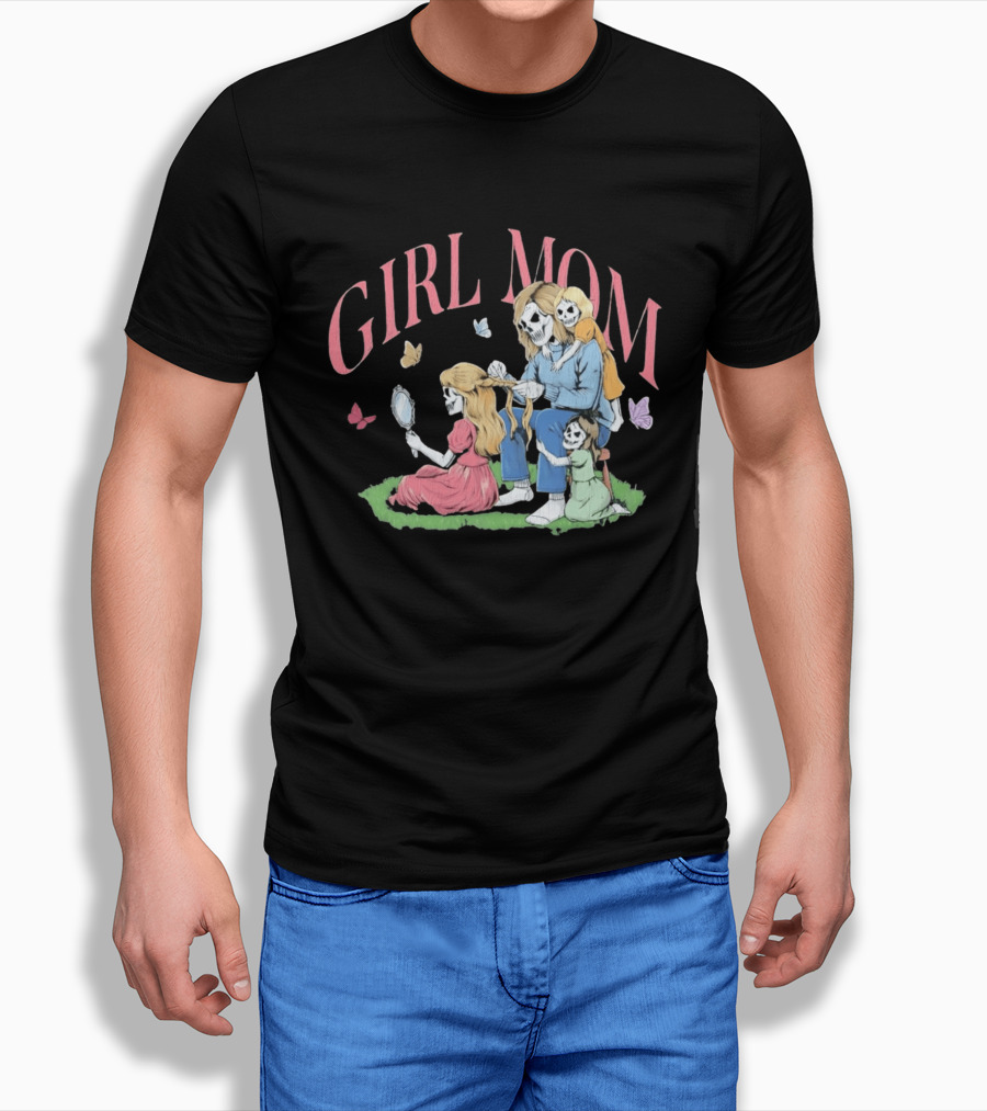 Girl Mom Skeleton Mother Braiding Hair With Daughters And Butterflies T-Shirt