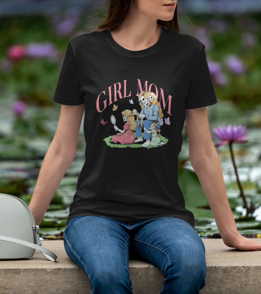 Girl Mom Skeleton Mother Braiding Hair With Daughters And Butterflies T-Shirt
