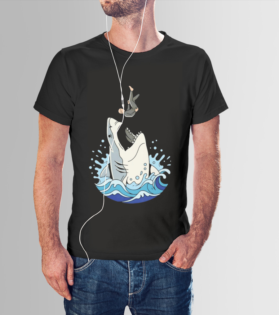 Great White Shark Surfer Falling Water Splash Scene T-Shirt