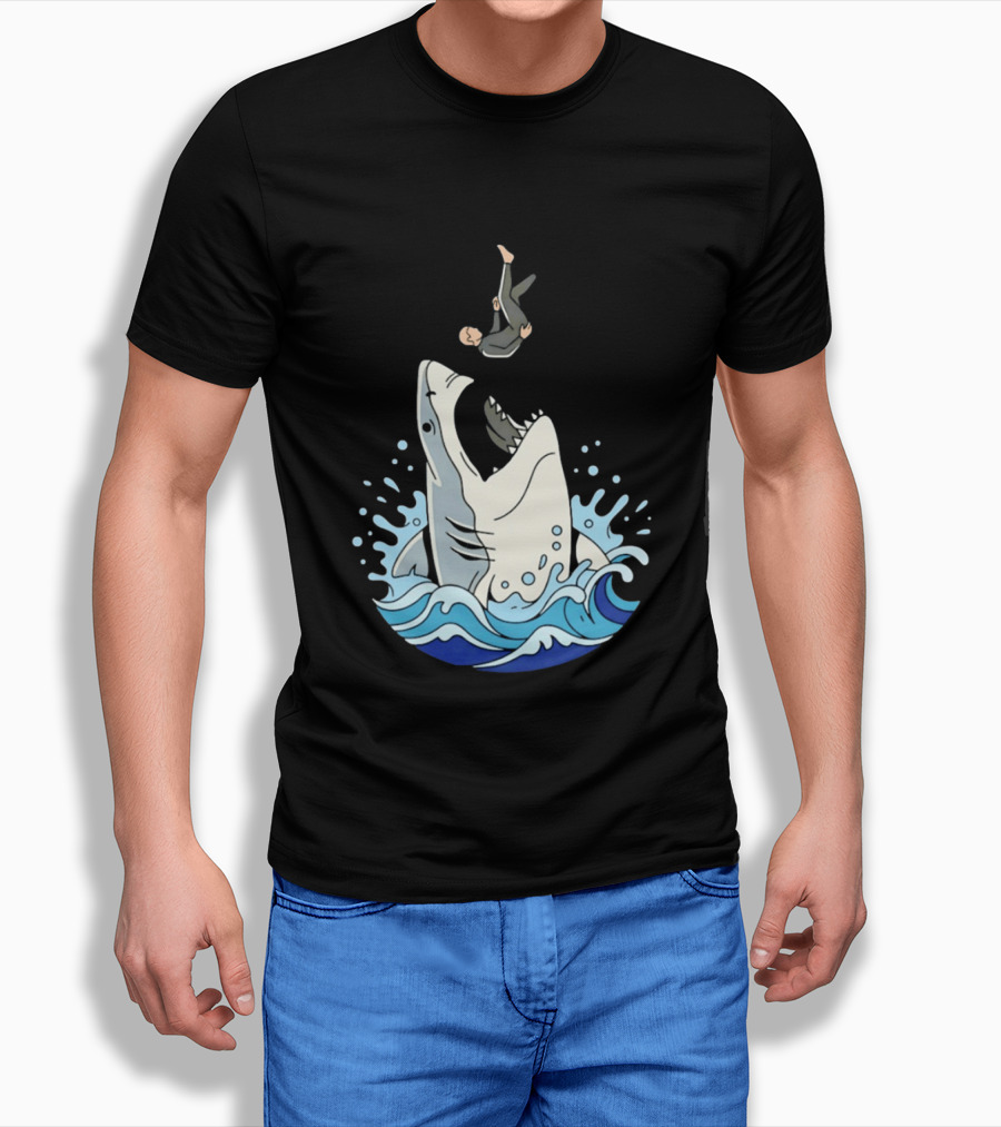 Great White Shark Surfer Falling Water Splash Scene T-Shirt