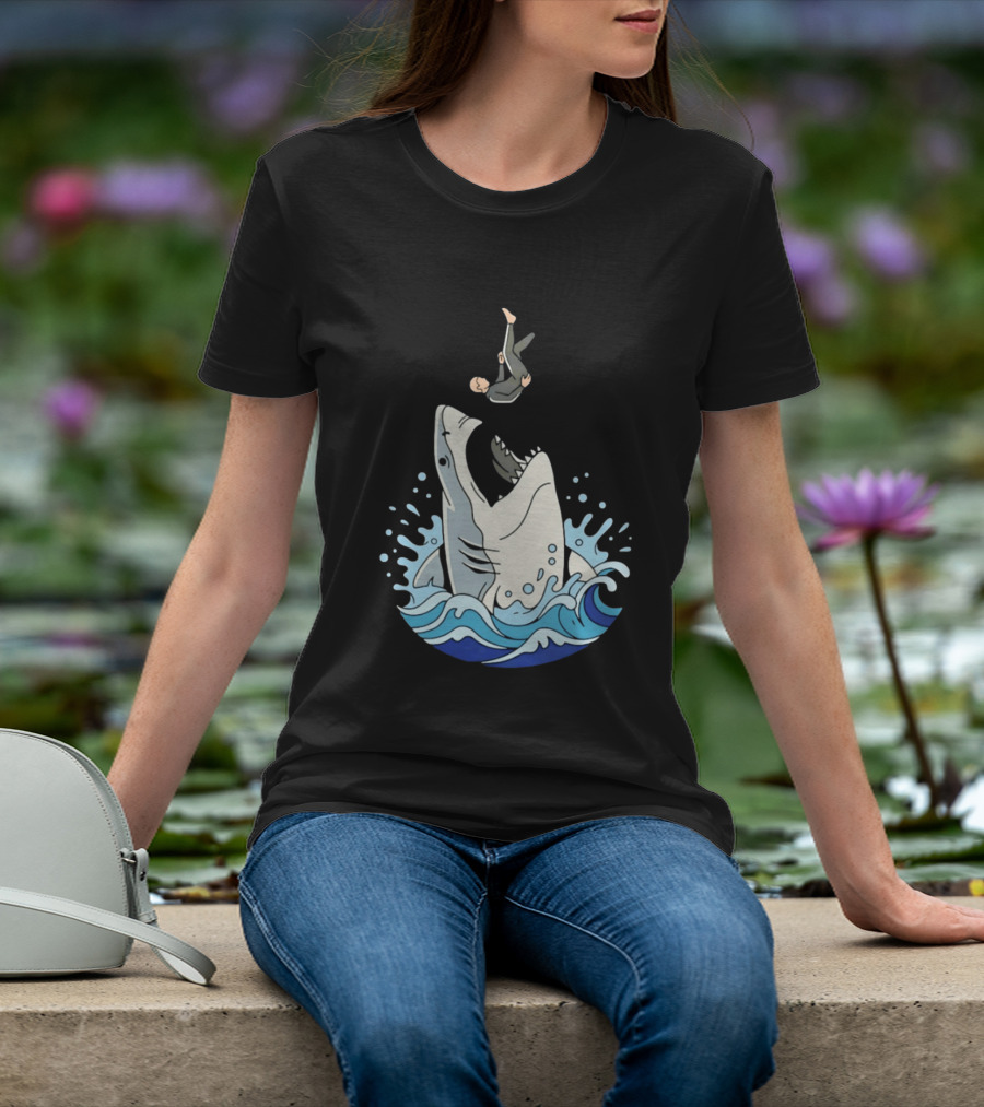 Great White Shark Surfer Falling Water Splash Scene T-Shirt