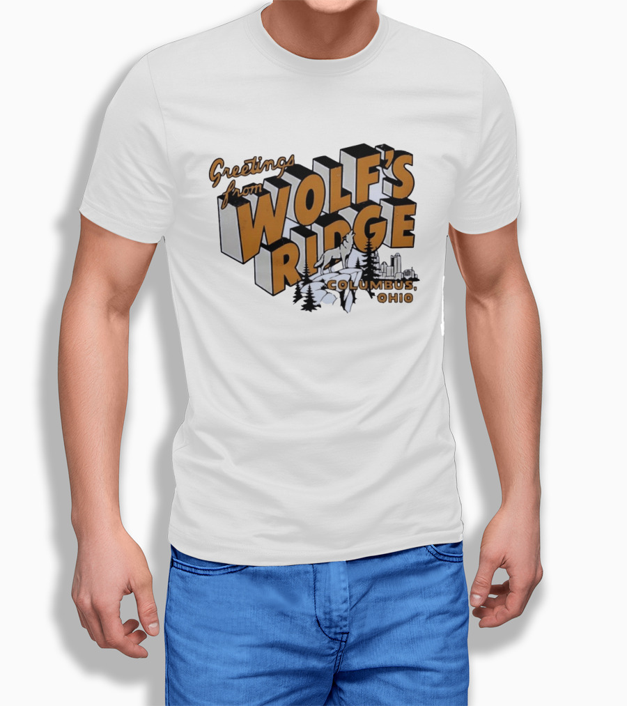 Greetings From Wolf's Ridge Columbus Ohio Wolf And Skyline Scene T-Shirt
