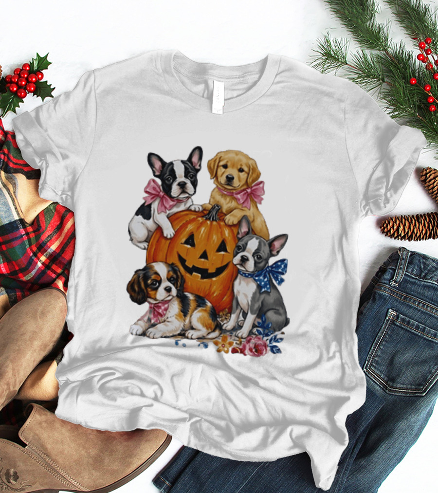 Puppies With Pink And Blue Bows Jack O' Lantern Pumpkin Halloween T-Shirt