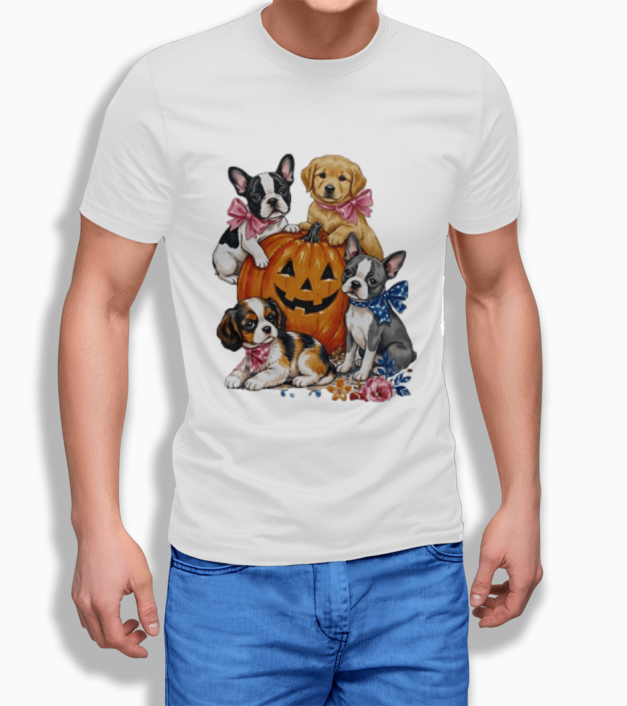 Puppies With Pink And Blue Bows Jack O' Lantern Pumpkin Halloween T-Shirt