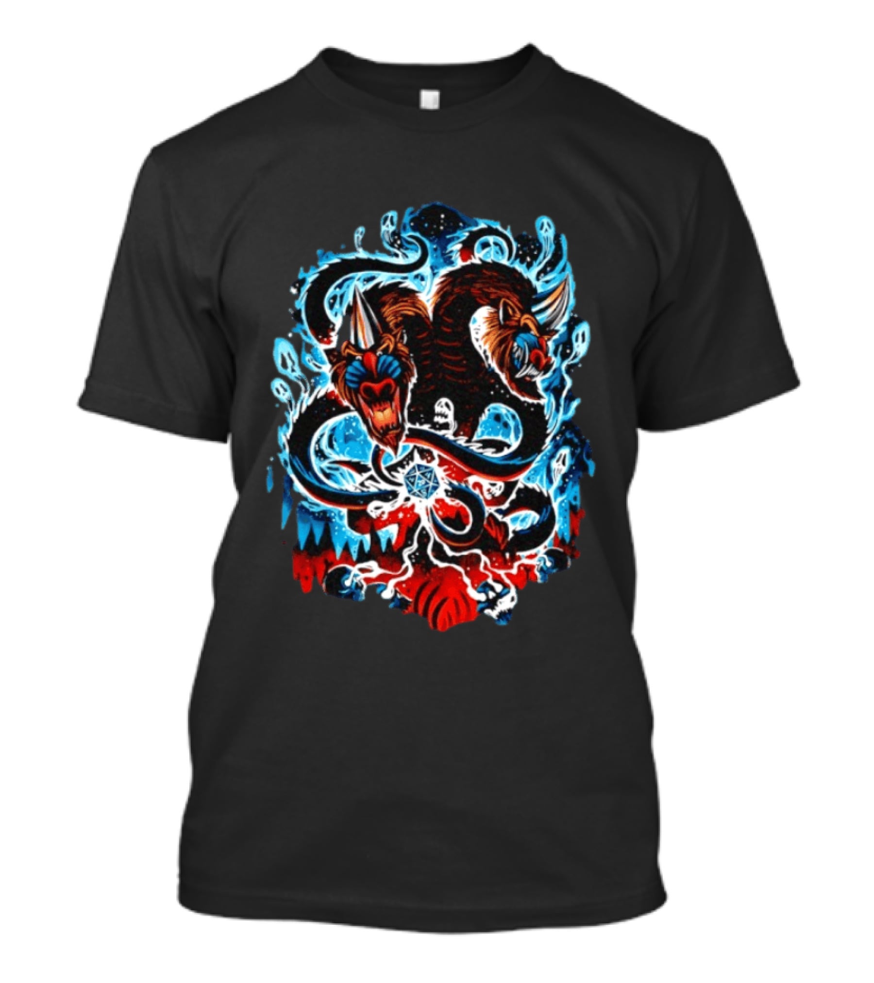 Demogorgon Dungeons And Dragons Two Heads Souls Blue Flames 20 T-Shirt