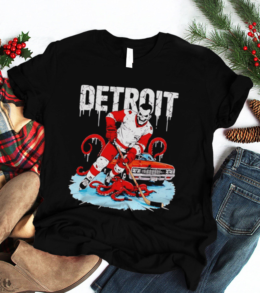 Detroit Hockey Skeleton Octopus Muscle Car T-Shirt