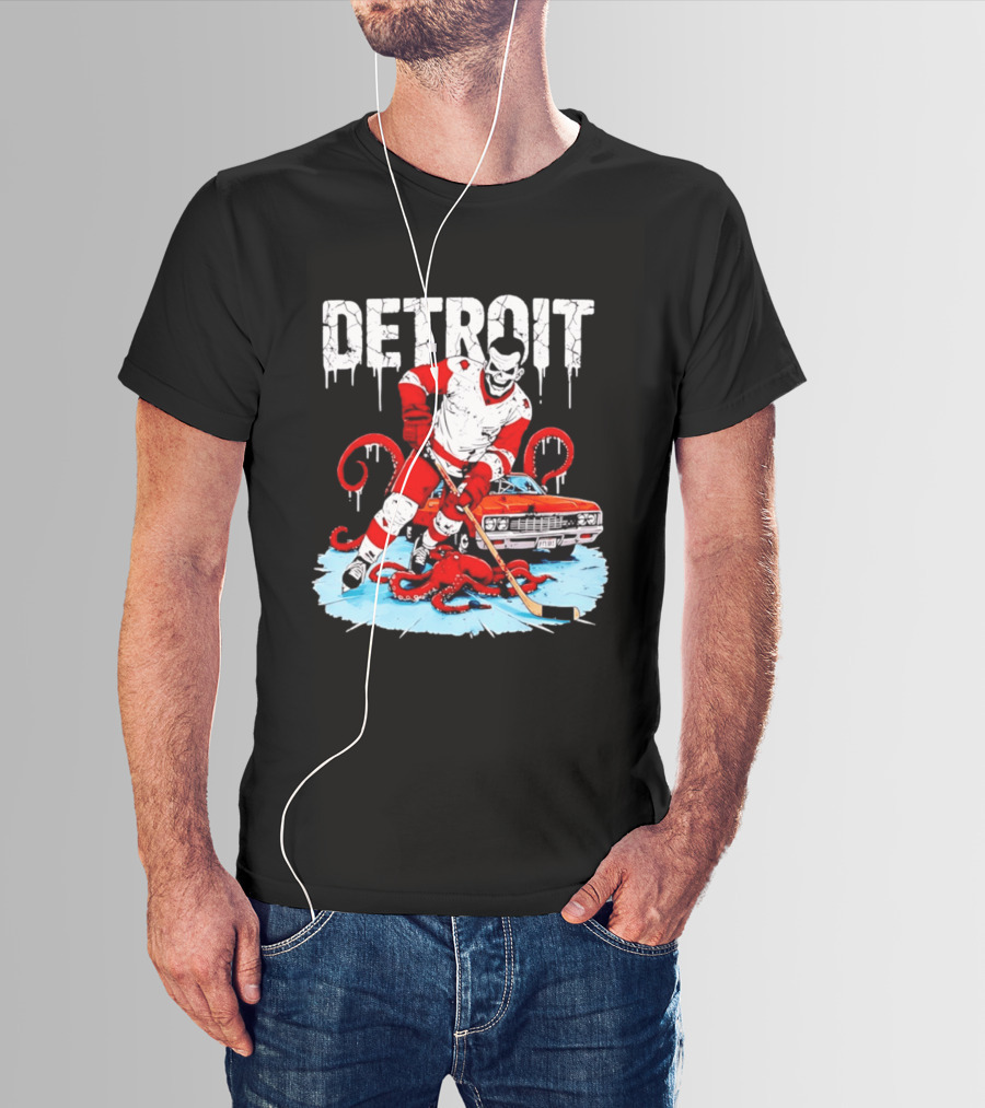 Detroit Hockey Skeleton Octopus Muscle Car T-Shirt