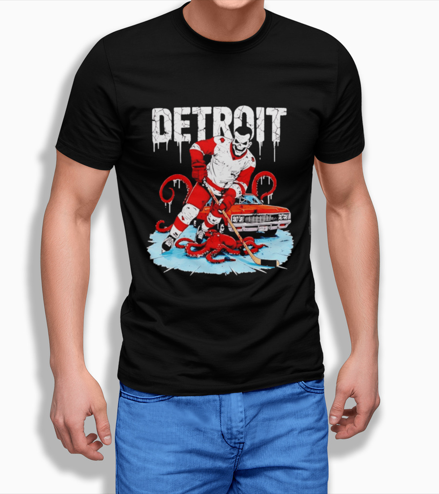 Detroit Hockey Skeleton Octopus Muscle Car T-Shirt