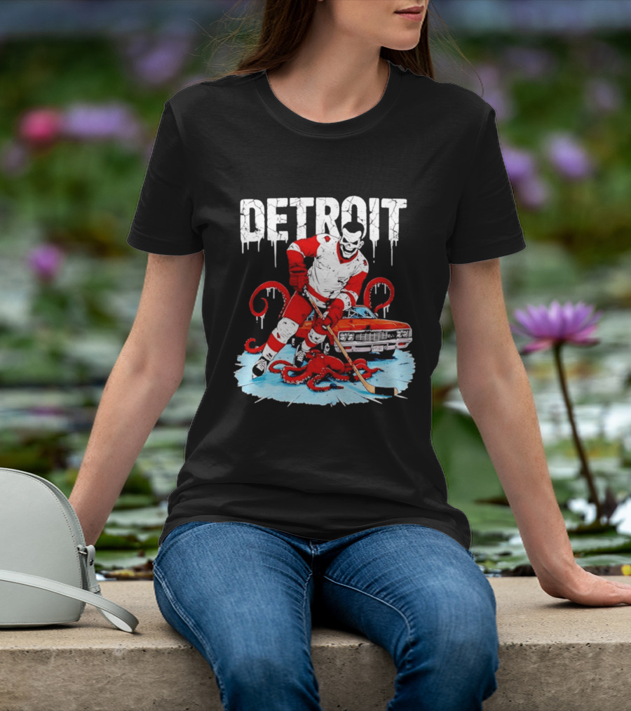 Detroit Hockey Skeleton Octopus Muscle Car T-Shirt