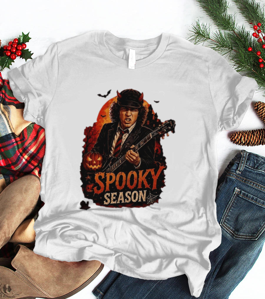 Spooky Season Angus Young Halloween AC DC Inspired Pumpkin Guitar T-Shirt