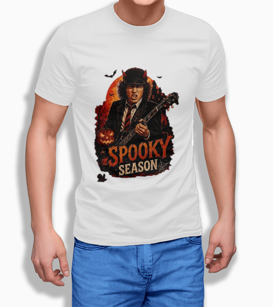 Spooky Season Angus Young Halloween AC DC Inspired Pumpkin Guitar T-Shirt
