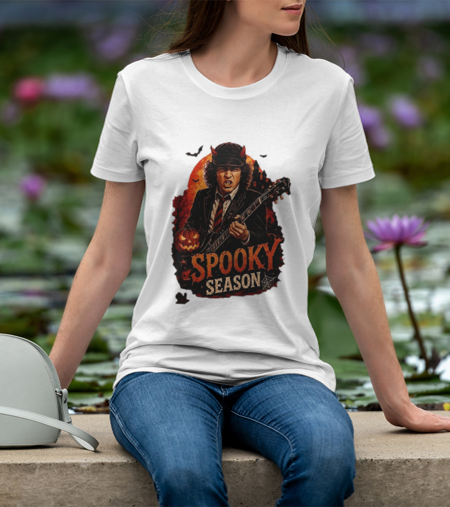 Spooky Season Angus Young Halloween AC DC Inspired Pumpkin Guitar T-Shirt