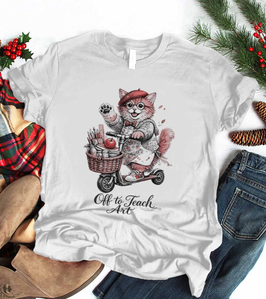 Off To Teach Cat On Scooter With Art Supplies And Apple T-Shirt