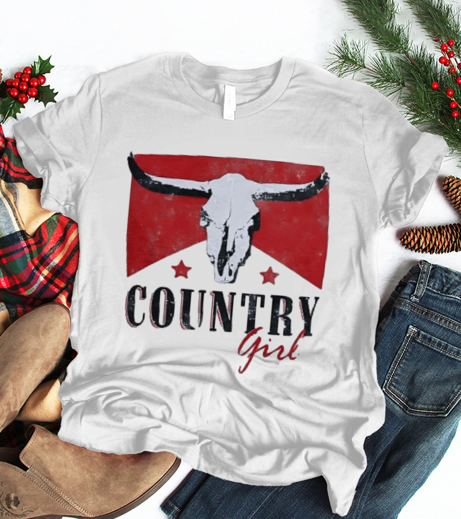 Country Girl Western Bull Skull Red Star Banner T-Shirt