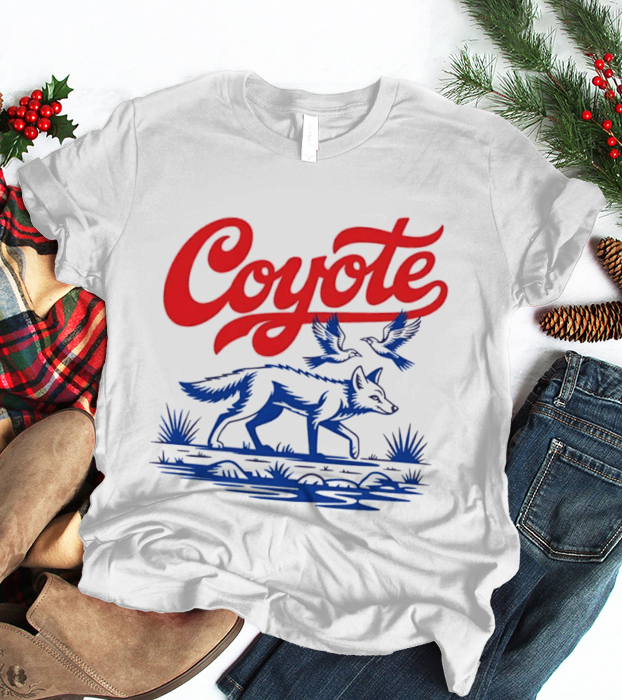 Coyote With Birds In Desert Scene Wild Western Desert T-Shirt