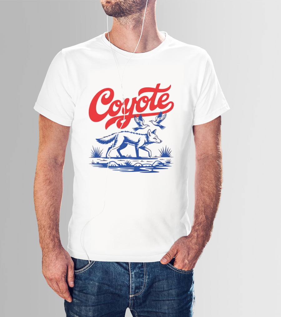 Coyote With Birds In Desert Scene Wild Western Desert T-Shirt
