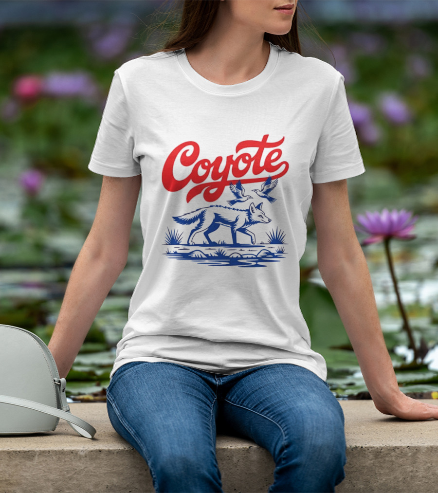 Coyote With Birds In Desert Scene Wild Western Desert T-Shirt