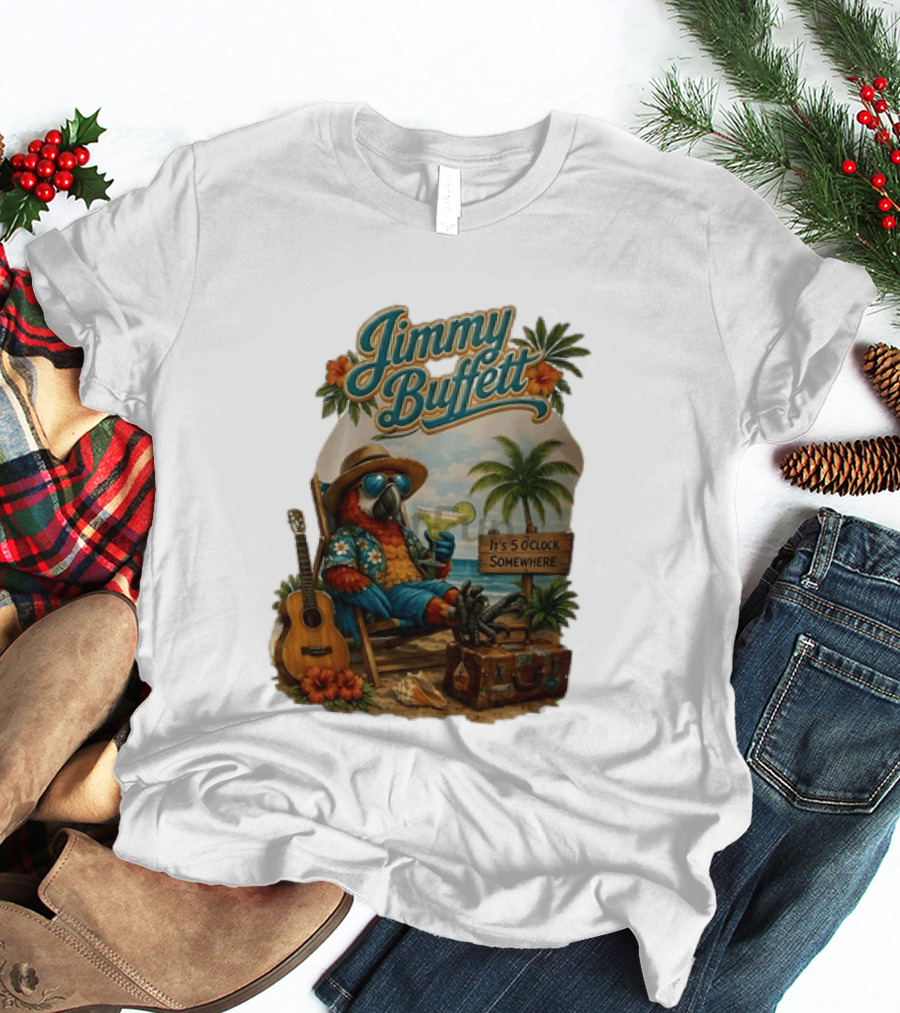 Jimmy Buffett It's 5 O' Somewhere Tropical Parrot Beach Guitar Cocktails Palm Trees T-Shirt