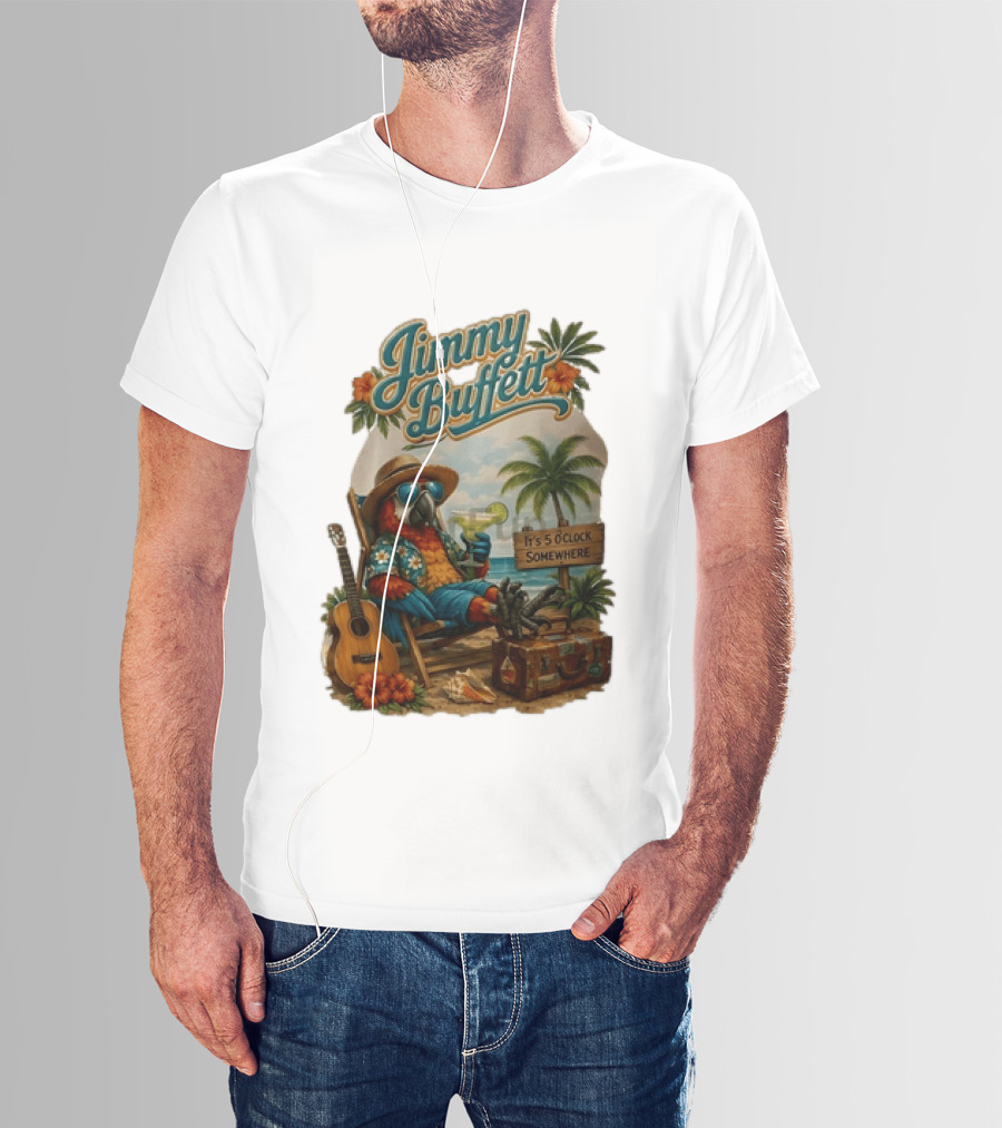 Jimmy Buffett It's 5 O' Somewhere Tropical Parrot Beach Guitar Cocktails Palm Trees T-Shirt