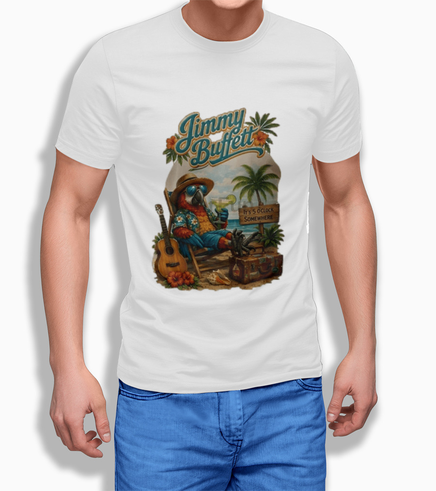 Jimmy Buffett It's 5 O' Somewhere Tropical Parrot Beach Guitar Cocktails Palm Trees T-Shirt