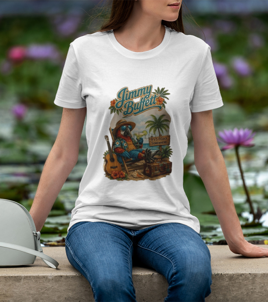 Jimmy Buffett It's 5 O' Somewhere Tropical Parrot Beach Guitar Cocktails Palm Trees T-Shirt