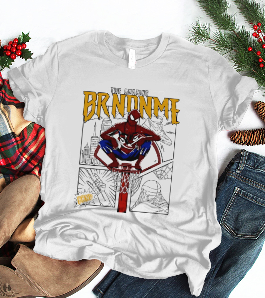 The Amazing Brndnme Spider Man Squatting On Basketball Hoop Cityscape Comic Panels T-Shirt