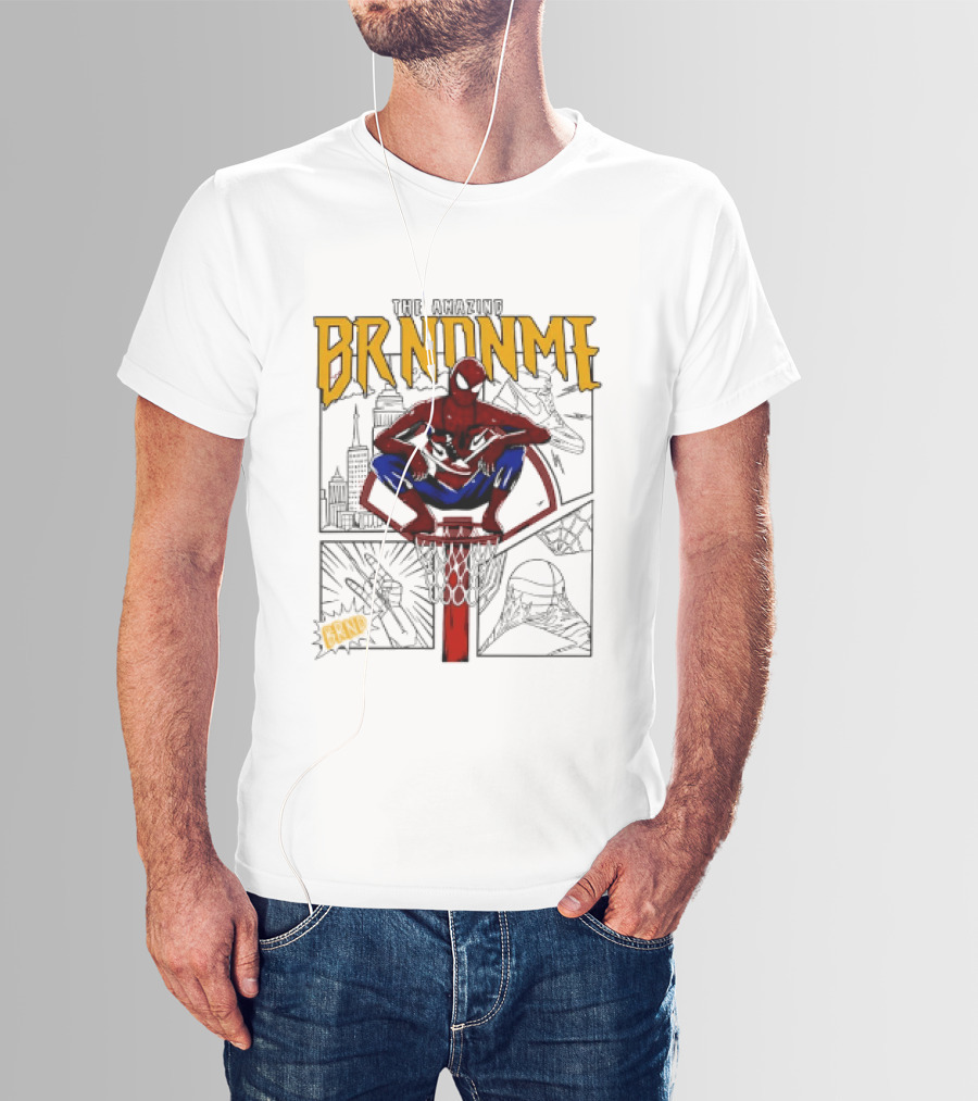The Amazing Brndnme Spider Man Squatting On Basketball Hoop Cityscape Comic Panels T-Shirt