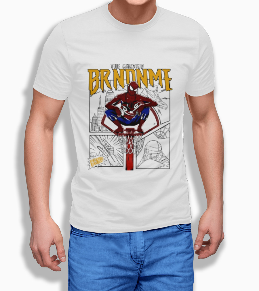 The Amazing Brndnme Spider Man Squatting On Basketball Hoop Cityscape Comic Panels T-Shirt