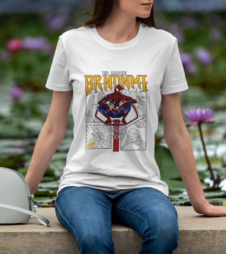 The Amazing Brndnme Spider Man Squatting On Basketball Hoop Cityscape Comic Panels T-Shirt