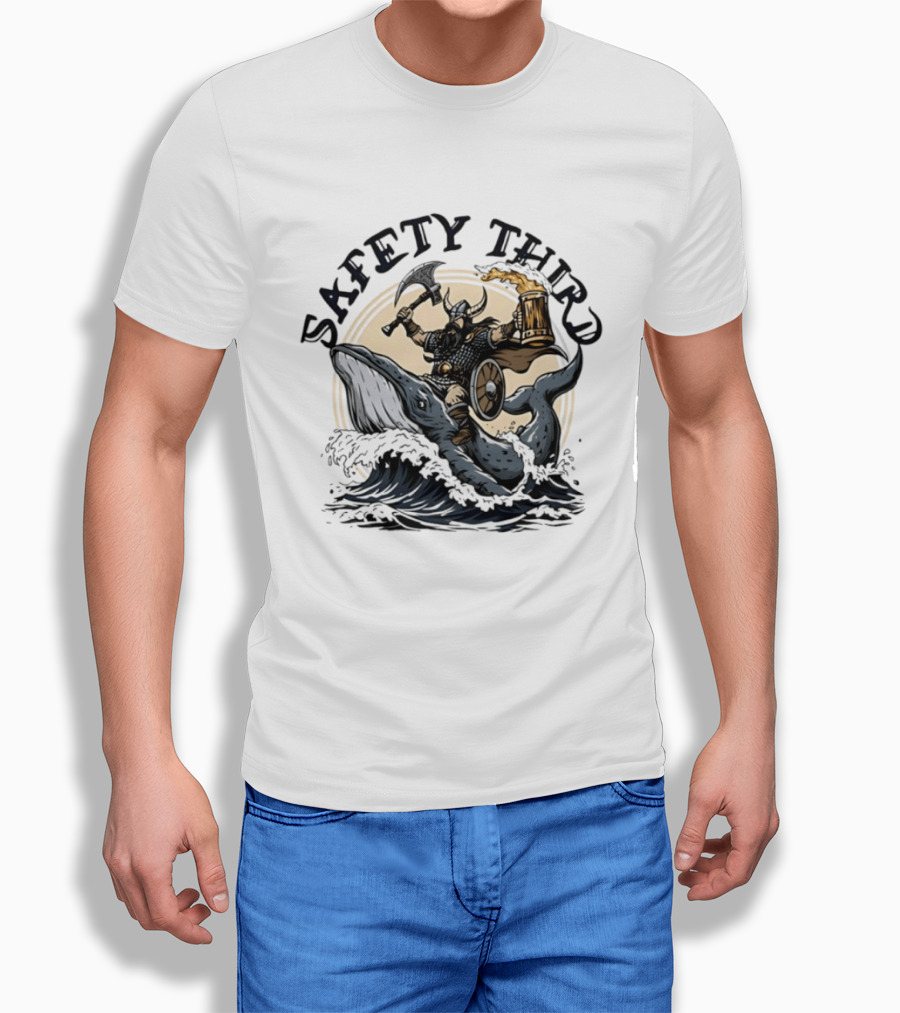 Viking Riding Whale With Beer Horn Safety Third T-Shirt