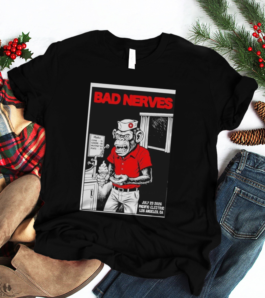 Bad Nerves July 23 2026 Pacific Electric Los Angeles Monkey Ice Cream Server Comic T-Shirt