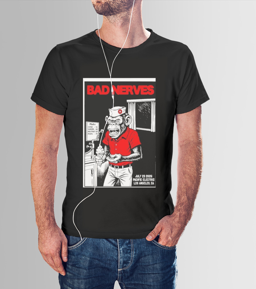 Bad Nerves July 23 2026 Pacific Electric Los Angeles Monkey Ice Cream Server Comic T-Shirt